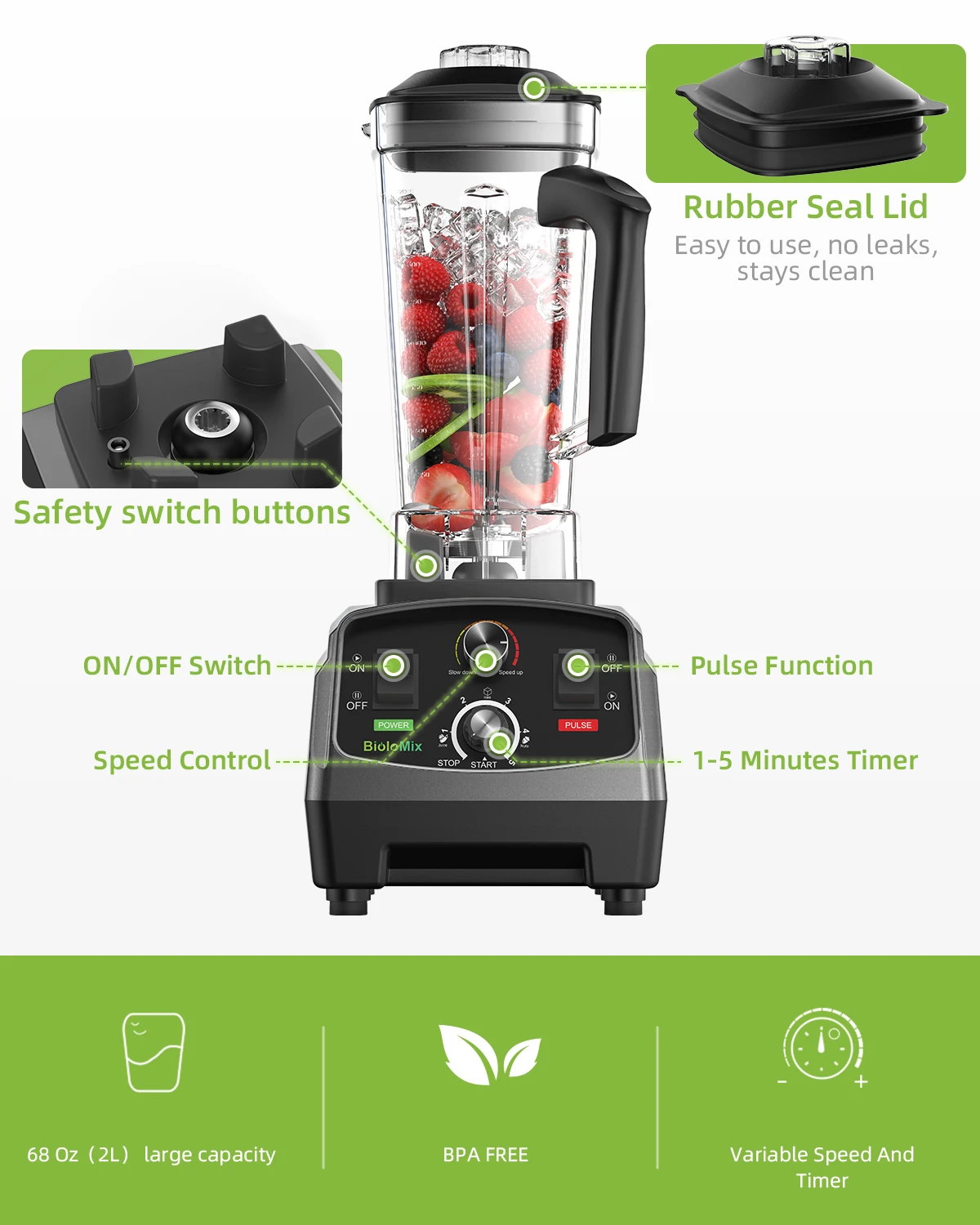 BioloMix 3HP 2200W Heavy Duty Commercial Grade Timer Blender Mixer Juicer Fruit Food Processor Ice Smoothies BPA Free 2L Jar - Image 3